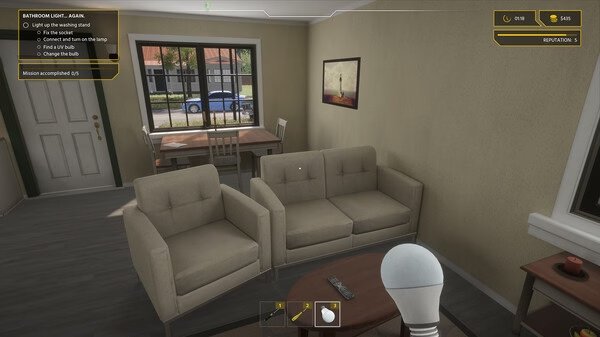 Screenshot from Electrician Simulator showing a living room with couches, a table, and a light bulb icon in the foreground.