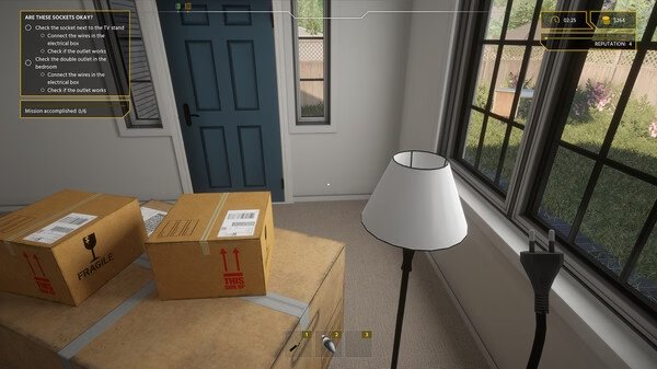 Screenshot from Electrician Simulator showing a room with a lamp, cardboard boxes on a table, and task instructions on the left.
