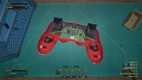 Electrician Simulator screenshot: A dismantled red game controller on a workbench, with tools and components visible around it.