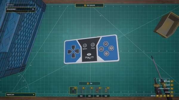 Screenshot from Electrician Simulator showing a disassembled game controller on a workbench with tools and parts.