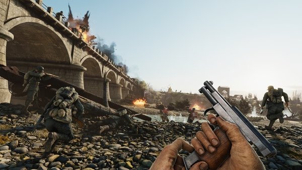 A screenshot from Isonzo showing soldiers in combat near a burning bridge, with a player holding a pistol in the foreground.