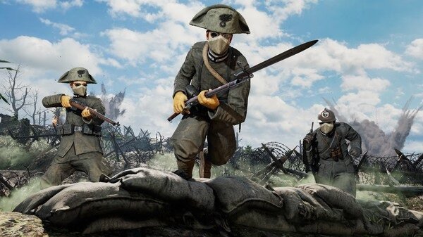 Three soldiers with rifles advance across a battlefield in an Isonzo screenshot, surrounded by barbed wire and smoke.