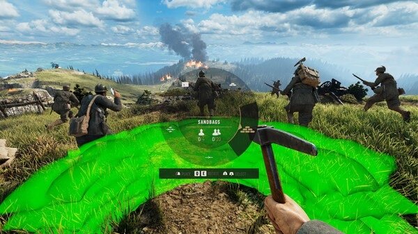 Isonzo screenshot: Players fortify a hilltop with sandbags as soldiers advance amidst smoke and fire on a scenic battlefield.