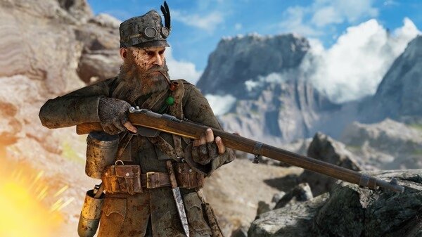 Isonzo screenshot: A soldier in World War I attire aims a rifle in a mountainous landscape, with dramatic clouds in the background.