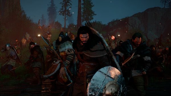 Crimson Desert screenshot: A group of armored warriors with shields and weapons advance through a dark forest, ready for battle.
