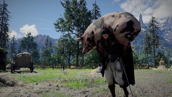 A character in Crimson Desert carries a large pig on their shoulders in a rural landscape. Screenshot shows mountains and trees in the background.