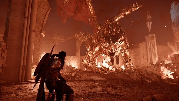 Crimson Desert screenshot: A warrior crouches, shield raised, facing a massive, fiery armored creature in a ruined, glowing red landscape.