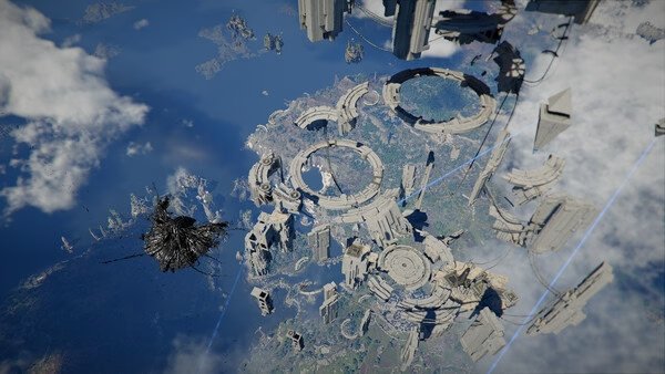 Crimson Desert screenshot: A sprawling, futuristic ruin of circular structures floats above a vast landscape with clouds and water below.