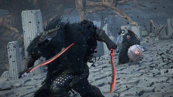 Crimson Desert screenshot: A warrior in dark armor wields glowing red swords, battling an enemy with a shield in a desolate stone area.