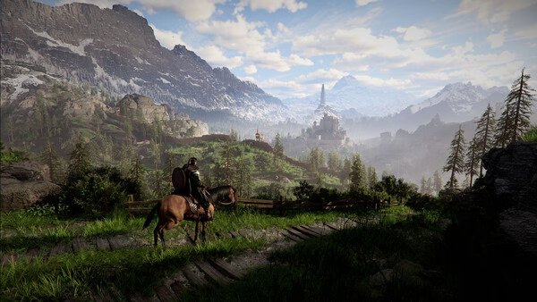 A screenshot from Crimson Desert showing a rider on horseback traversing a lush green landscape with mountains and a distant castle.