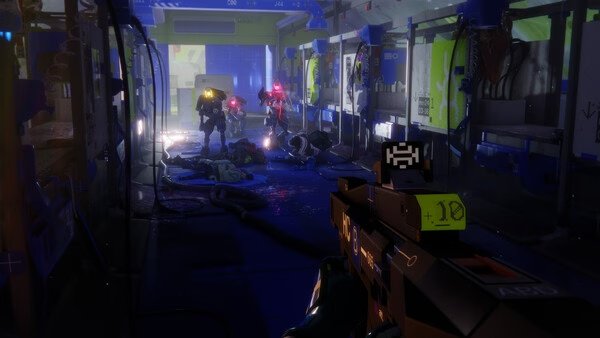 A screenshot from Marathon showing a player aiming a weapon at enemies in a futuristic, neon-lit corridor.