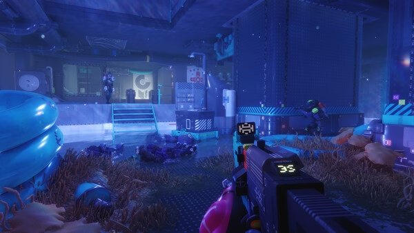 Screenshot from the game Marathon shows a player aiming a futuristic weapon in a sci-fi environment with enemies in view.