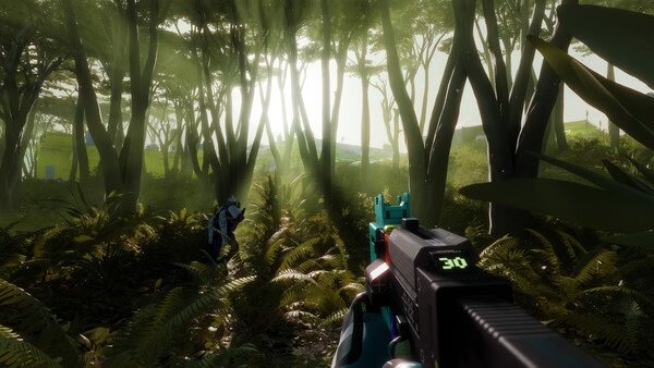 Screenshot from the game Marathon showing a player aiming a weapon at an enemy in a dense forest with sunlight filtering through trees.