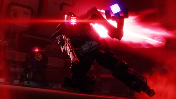 A screenshot from Marathon showing a robotic figure with glowing red eyes wielding a weapon amid intense red lighting effects.