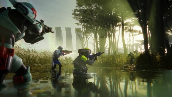 Screenshot from the game Marathon showing players in futuristic armor aiming weapons while standing in a swampy, forested area.