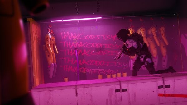 Screenshot from the game Marathon showing a character with a weapon in front of graffiti that reads "THANK GOD IT'S YOU" in a neon-lit room.