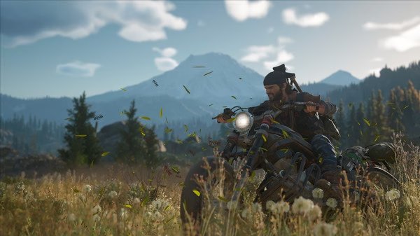 A motorcycle rider in a grassy field with mountains in the background in this Days Gone screenshot.