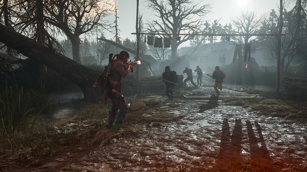 A Days Gone screenshot showing the protagonist battling a group of armed enemies in a muddy forest with misty surroundings.