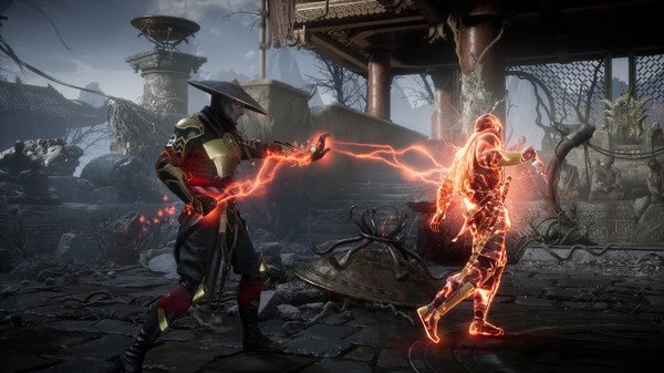 Mortal Kombat 11 screenshot: Raiden attacks Scorpion with lightning in a temple-like arena surrounded by ruins and debris.