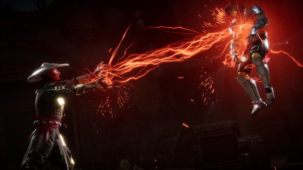 Mortal Kombat 11 screenshot: A character in a hat unleashes red lightning at an armored opponent mid-air in a dark arena.
