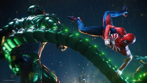 Screenshot from Marvel's Spider-Man Remastered: Spider-Man battles the villain Scorpion at night in a dynamic action scene.