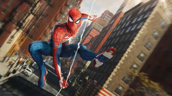 Screenshot from Marvel's Spider-Man Remastered, showing Spider-Man swinging between buildings in New York City.