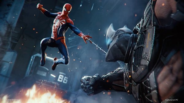 Spider-Man swings mid-air facing a large armored enemy in Marvel's Spider-Man Remastered; dynamic action screenshot.