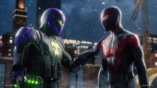 Screenshot from Marvel’s Spider-Man: Miles Morales showing Spider-Man facing an armored character in a snowy cityscape.