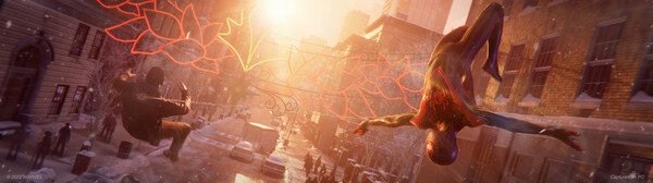 Screenshot from Marvel’s Spider-Man: Miles Morales showing Miles swinging through a snowy city with glowing red webs.