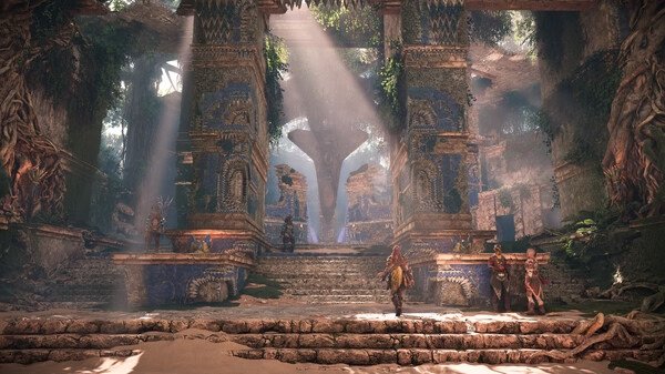 Screenshot from Horizon Forbidden West™ Complete Edition showing a character exploring ancient ruins with intricate carvings and sunlit beams.