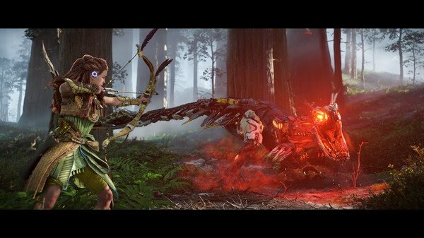 A screenshot from Horizon Forbidden West™ Complete Edition shows a warrior aiming an arrow at a robotic creature in a lush forest.