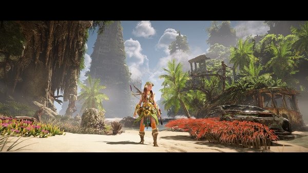 A screenshot from Horizon Forbidden West™ Complete Edition shows Aloy standing on a tropical beach surrounded by lush greenery and ruins.