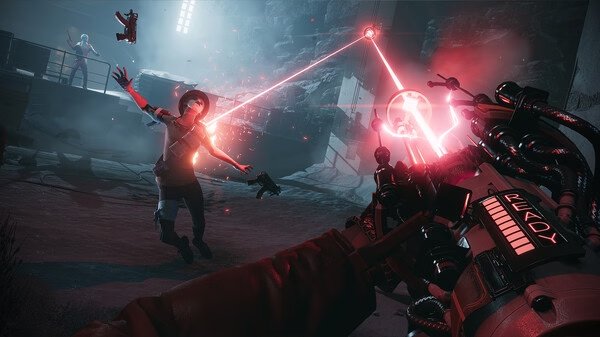 Deathloop screenshot: A player wields a weapon with glowing red lasers targeting an enemy in a dark, industrial environment.