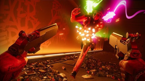 Deathloop screenshot: A player dual-wields pistols, firing at an enemy mid-air surrounded by glowing projectiles in a neon-lit room.