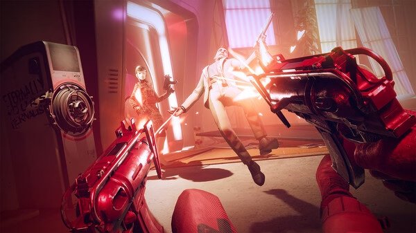 Screenshot from Deathloop showing two characters in combat, with one firing a weapon that emits bright red light in a futuristic setting.
