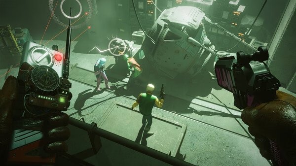 Deathloop screenshot: Player holds weapons while targeting three enemies near a large machine in a dimly lit industrial room.