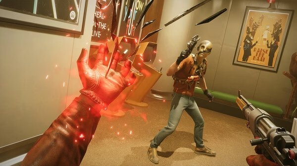 Deathloop screenshot: A character wields a gun and mask while another uses glowing red powers in a modern room with posters.