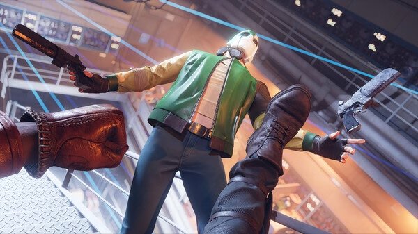 Deathloop screenshot: A masked character in green jacket wields two weapons, viewed from a first-person perspective in combat.