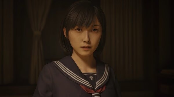 Screenshot from SILENT HILL f featuring a person in a dark room, wearing a school uniform with a sailor-style collar.