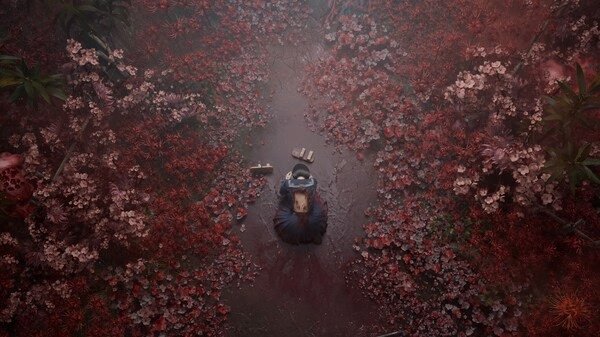 Screenshot from SILENT HILL f: Overhead view of a character kneeling on a path surrounded by dense, red foliage.