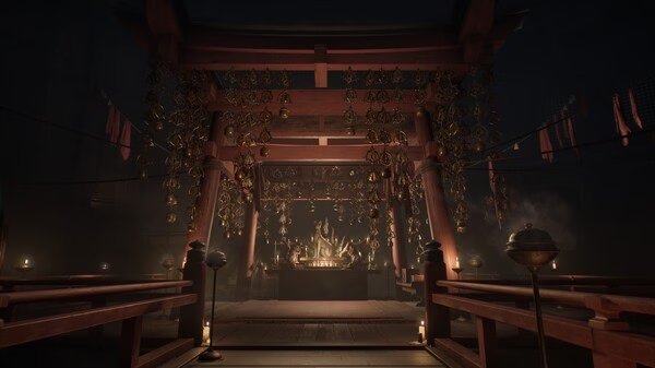Screenshot from SILENT HILL f featuring a dimly lit shrine with hanging ornaments and lanterns, creating an eerie atmosphere.