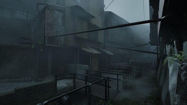 Silent Hill f screenshot: A foggy, abandoned town with dilapidated buildings, rusted pipes, and eerie, desolate surroundings.