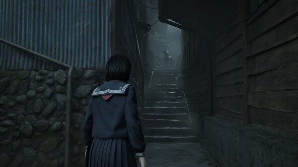 SILENT HILL f screenshot: A person in a school uniform stands in a misty alley, looking up a stairway.