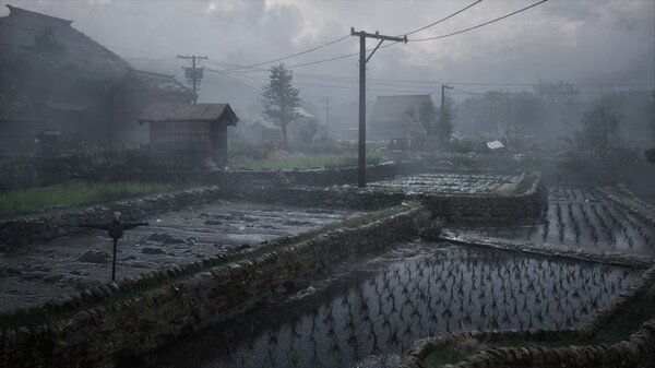 SILENT HILL f screenshot: A foggy village with rice paddies, stone paths, and wooden structures under a cloudy sky.