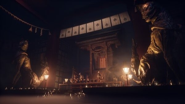 Screenshot from SILENT HILL f showing a dimly lit shrine with eerie statues and glowing lanterns in a mysterious atmosphere.