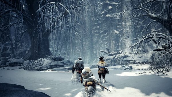 Screenshot from Monster Hunter World: Iceborne Master Edition showing three hunters exploring a snowy forest.