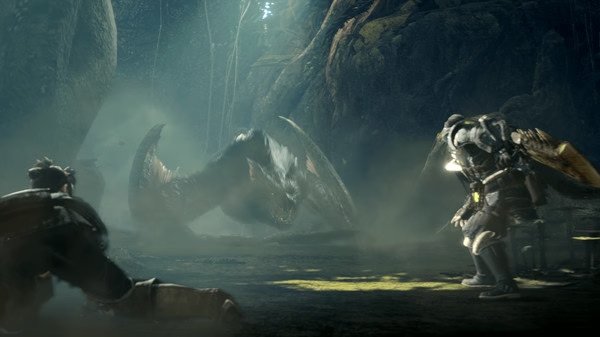 Screenshot from Monster Hunter World: Iceborne Master Edition showing two hunters facing a dragon-like monster in a foggy forest.