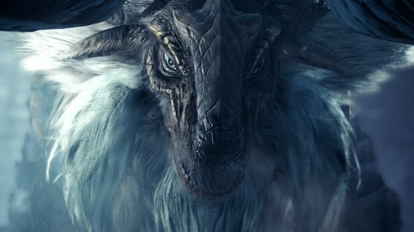 A screenshot from Monster Hunter World: Iceborne Master Edition showing a close-up of the imposing ice dragon Velkhana.