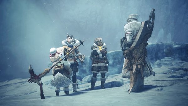 Screenshot from Monster Hunter World: Iceborne Master Edition showing four hunters in winter gear standing in a snowy environment.