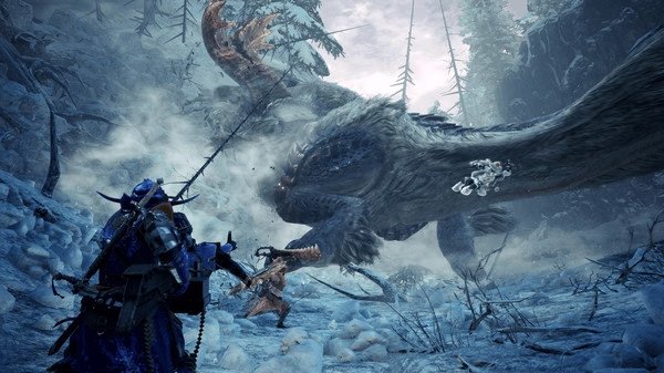 Screenshot from Monster Hunter World: Iceborne Master Edition showing hunters battling a large monster in a snowy landscape.